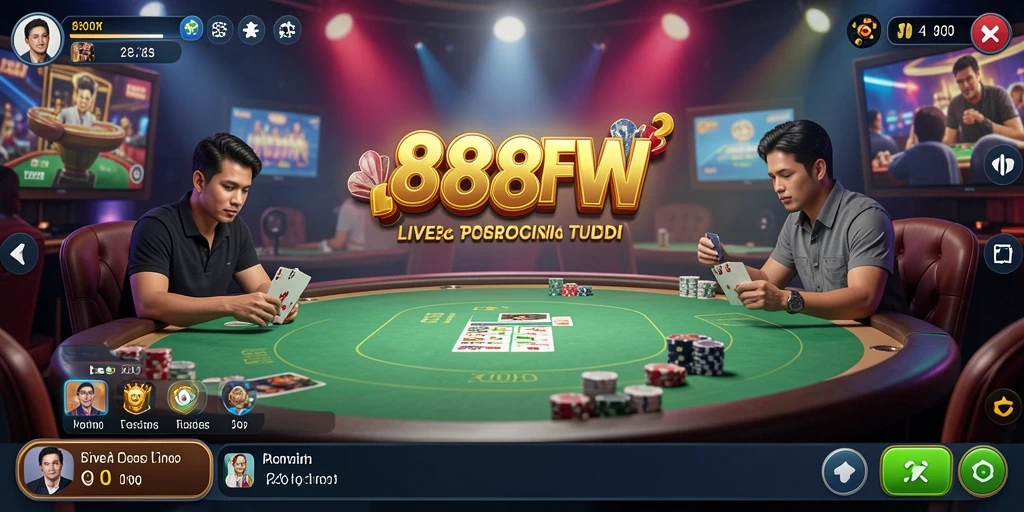 Screenshot gameplay Live Casino 888FW yang menampilkan dealer dan pemain.