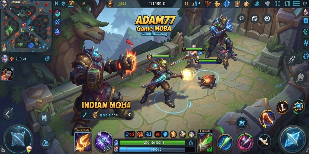 Screenshot gameplay ADAM77 yang menunjukkan pertarungan seru di arena MOBA.