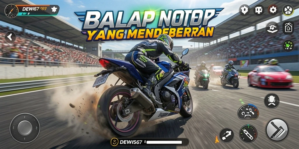 Tampilan gameplay seru DEWI567 saat balap motor menantang.