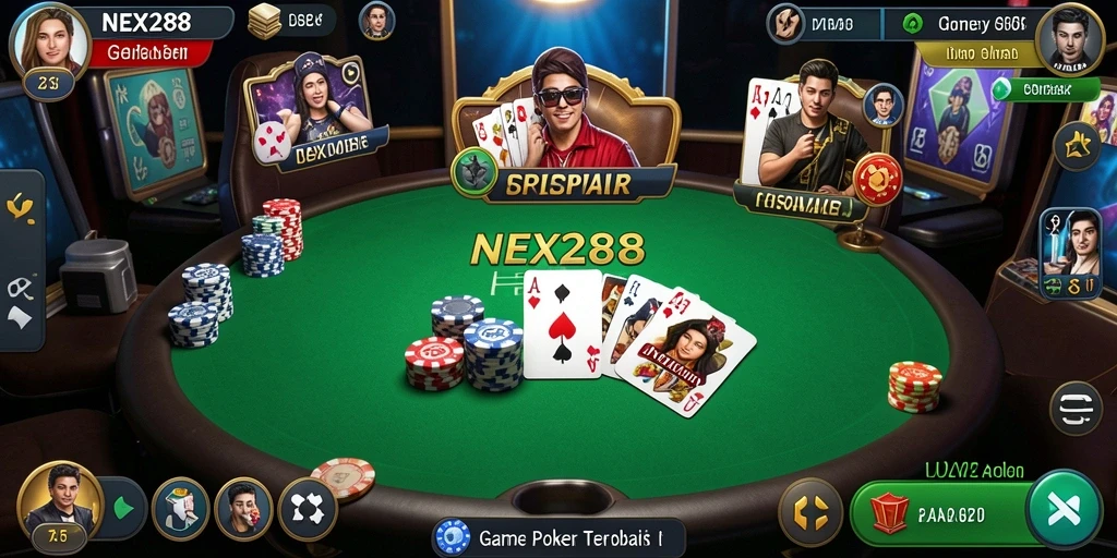 Screenshot gameplay NEX288 menampilkan aksi Poker yang mendebarkan.