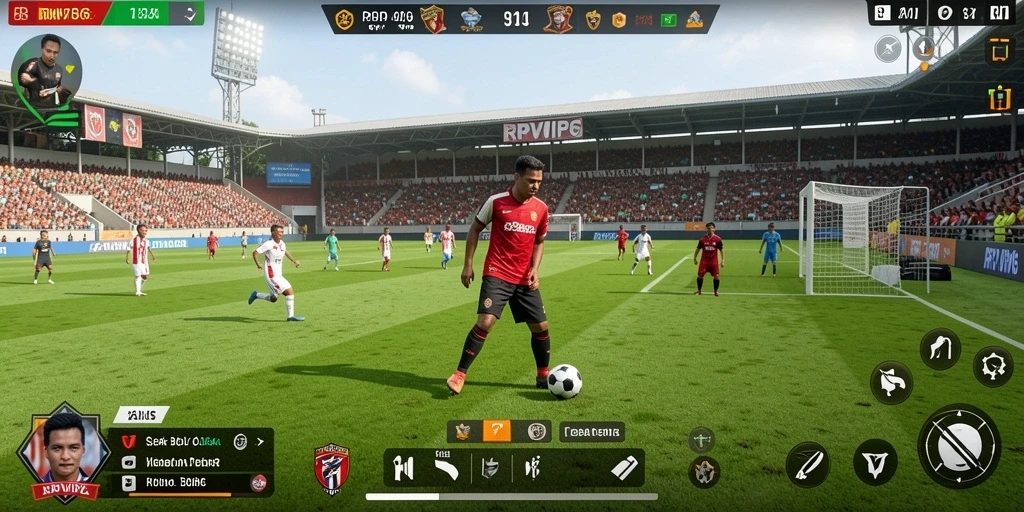 Screenshot gameplay RPVIP6 menampilkan aksi seru di lapangan sepak bola.