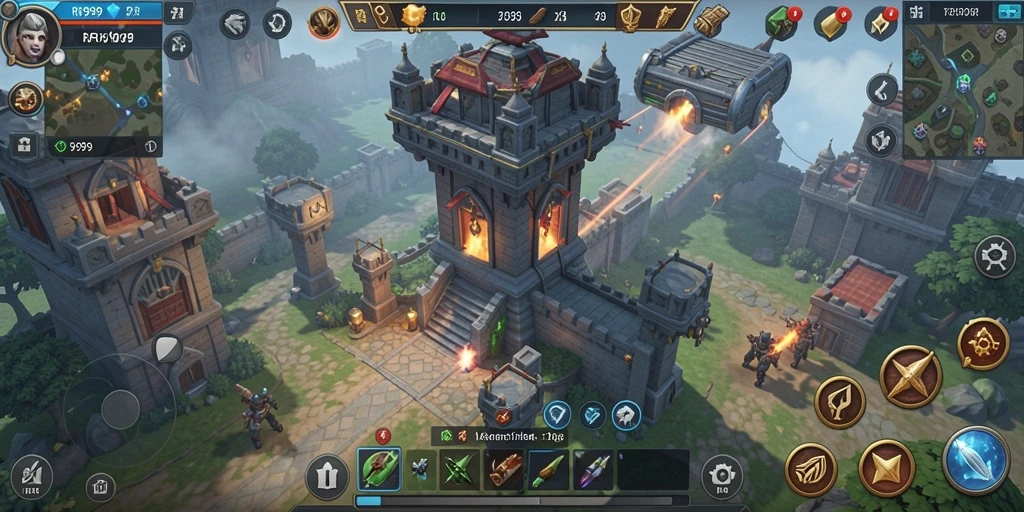 Screenshot gameplay RR999 menunjukkan pertempuran menara yang mendebarkan.
