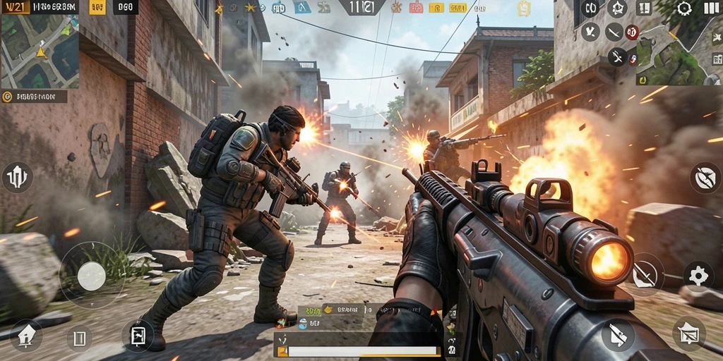 Screenshot V21 menampilkan aksi pertempuran yang seru dalam game FPS.